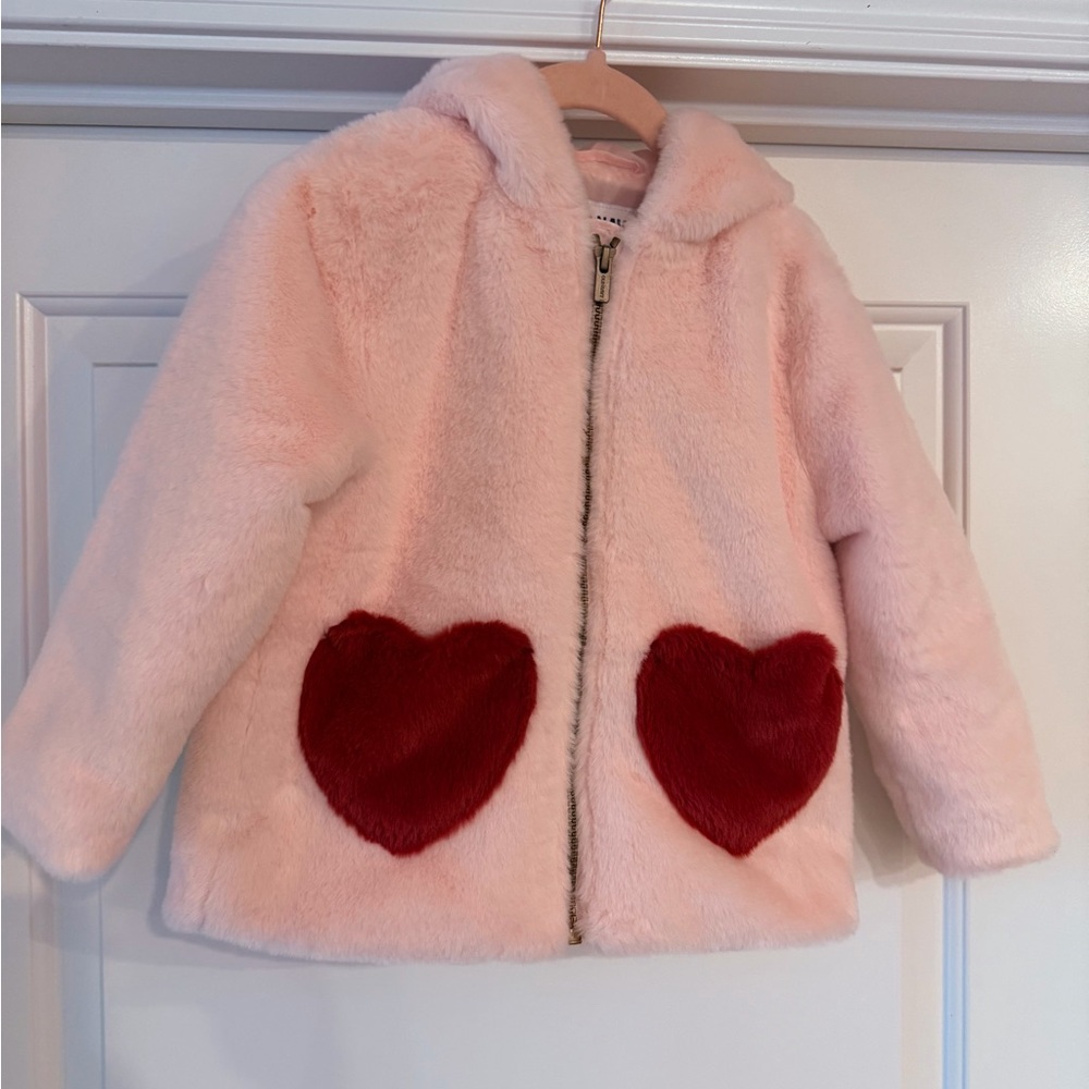 Pink Fuzzy Old Navy Kids Jacket with Red Heart Pockets